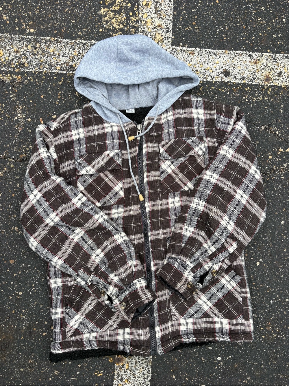 Brown Plaid Zip Hoodie Shirt Jacket